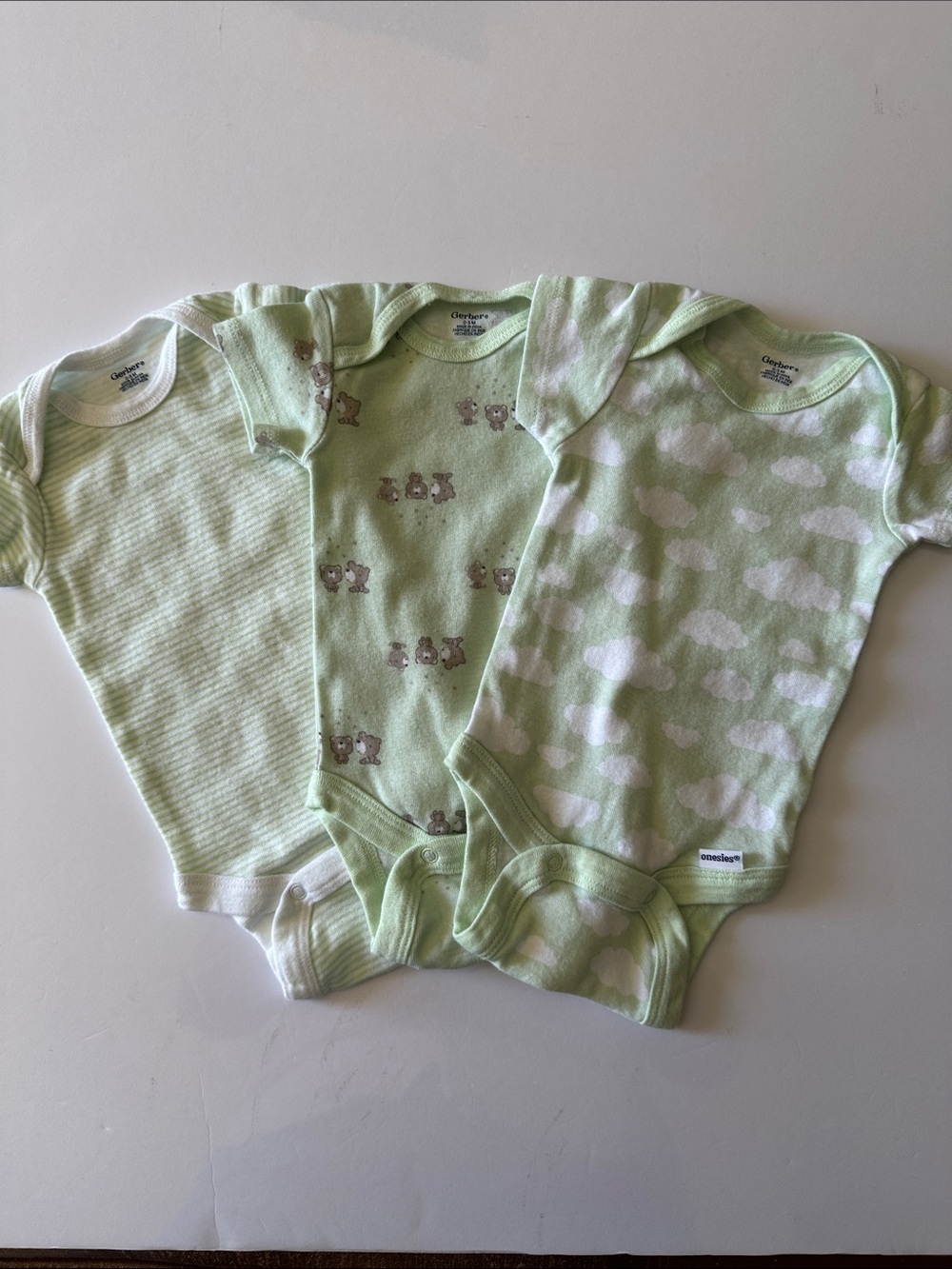 Carter's Light Green Baby Bodysuit 3-Pack with Bears, Clouds, and Stripes